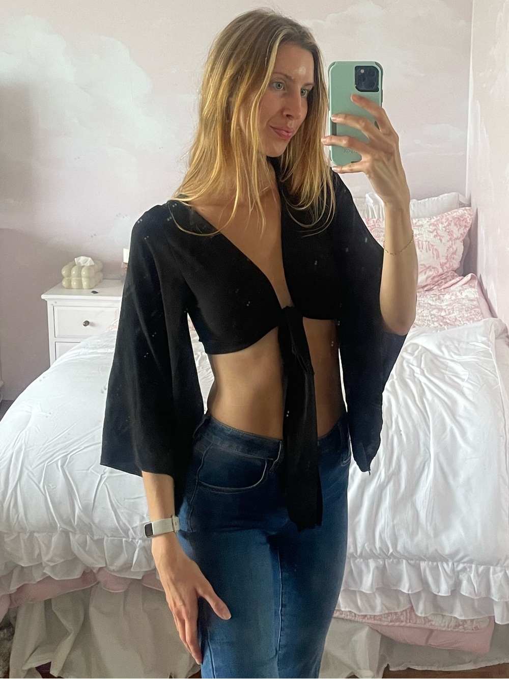 Black Wrap Bell Sleeve Crop Top